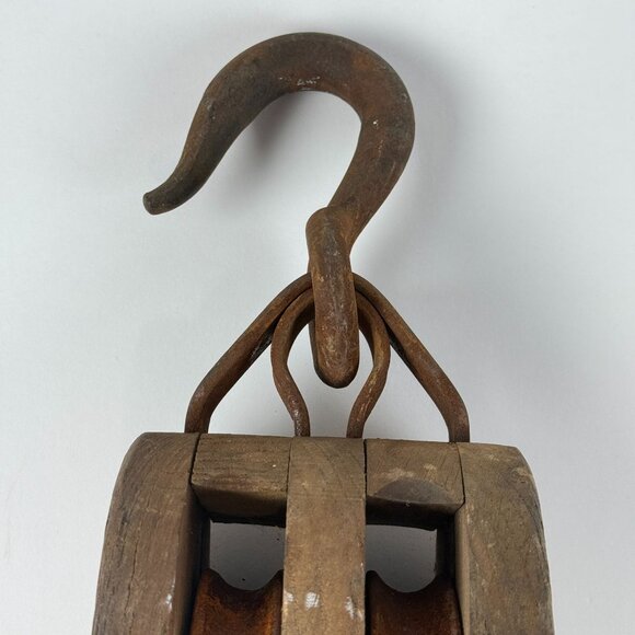 Antique Wooden Double Pulley Block w/ Metal Hook Rustic Farmhouse Barn Decor - Picture 10 of 14